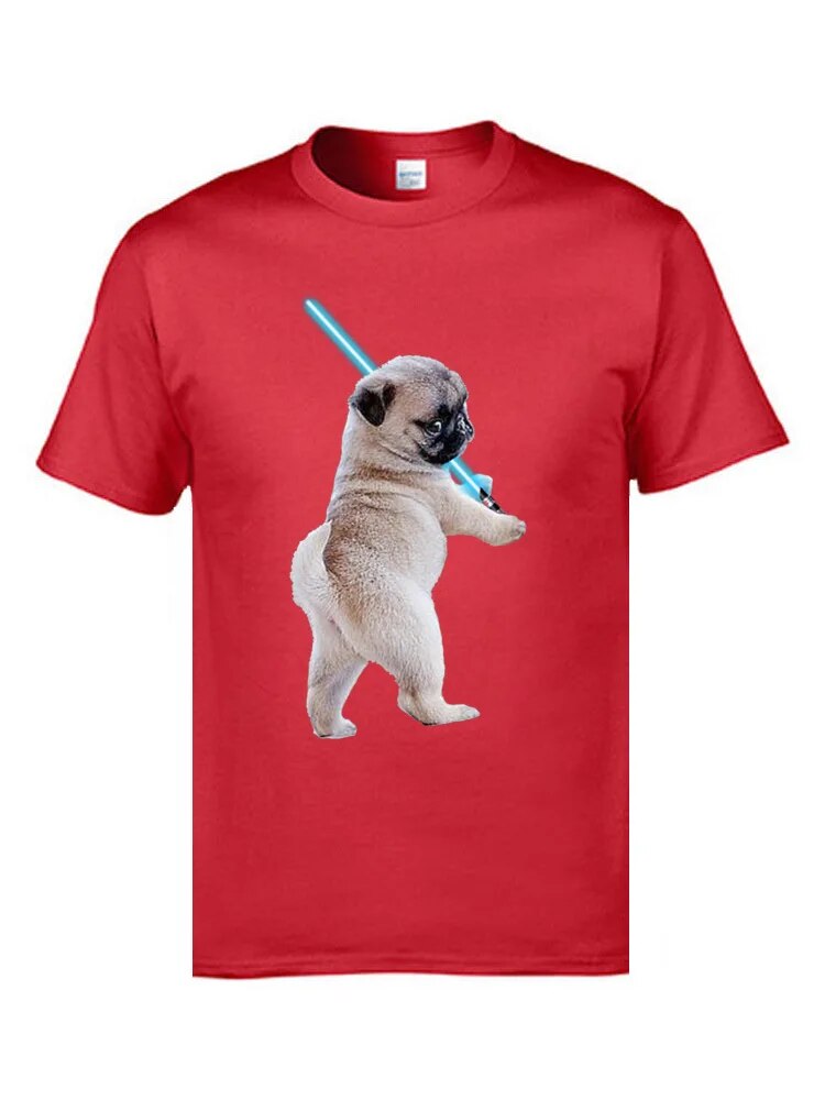 red t-shirt with a white pug holding a light saber