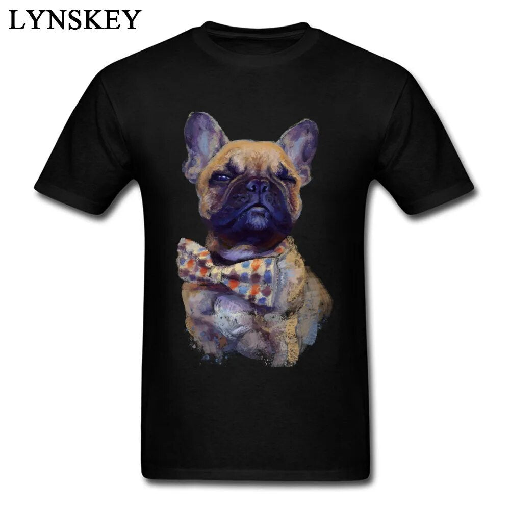 black short sleeve t-shirt, picture of a French bulldog in a polka dot bow tie