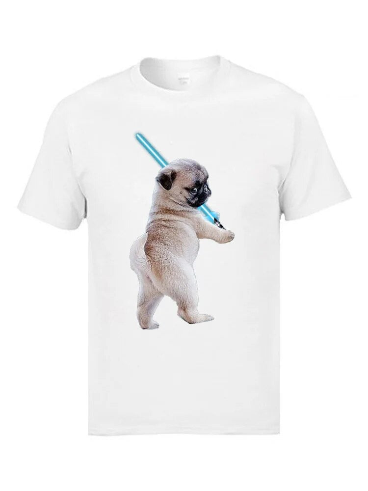 white t-shirt with a white pug holding a light saber