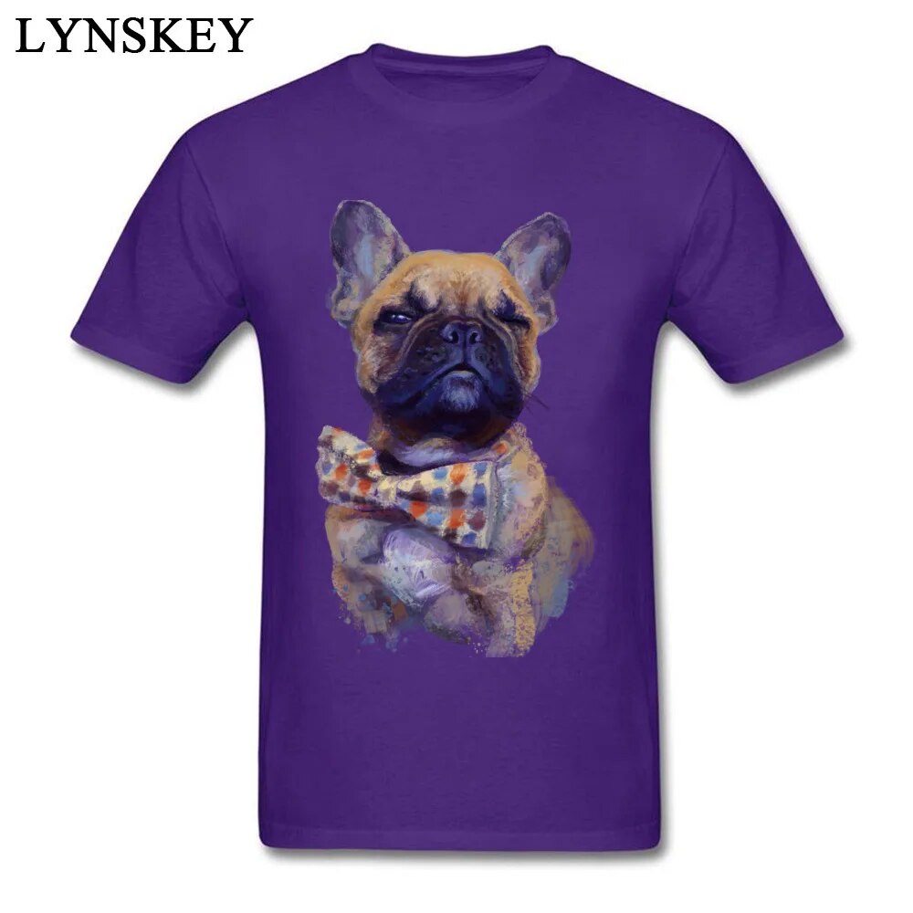 purple short sleeve t-shirt, picture of a French bulldog in a polka dot bow tie