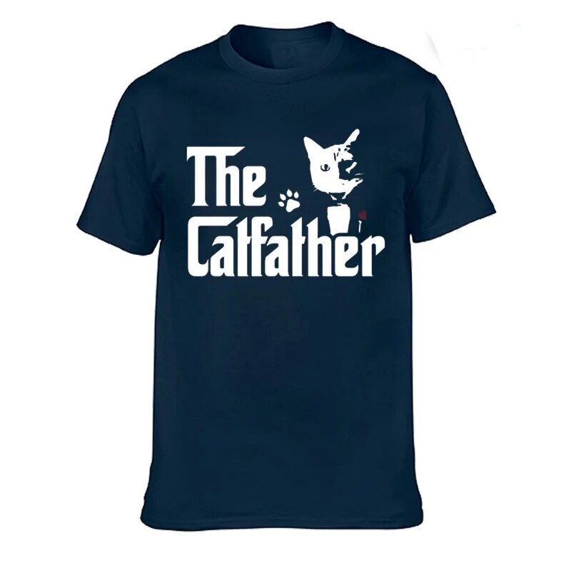 royal blue t-shirt with the words, (silhouette of a cat) the catfather