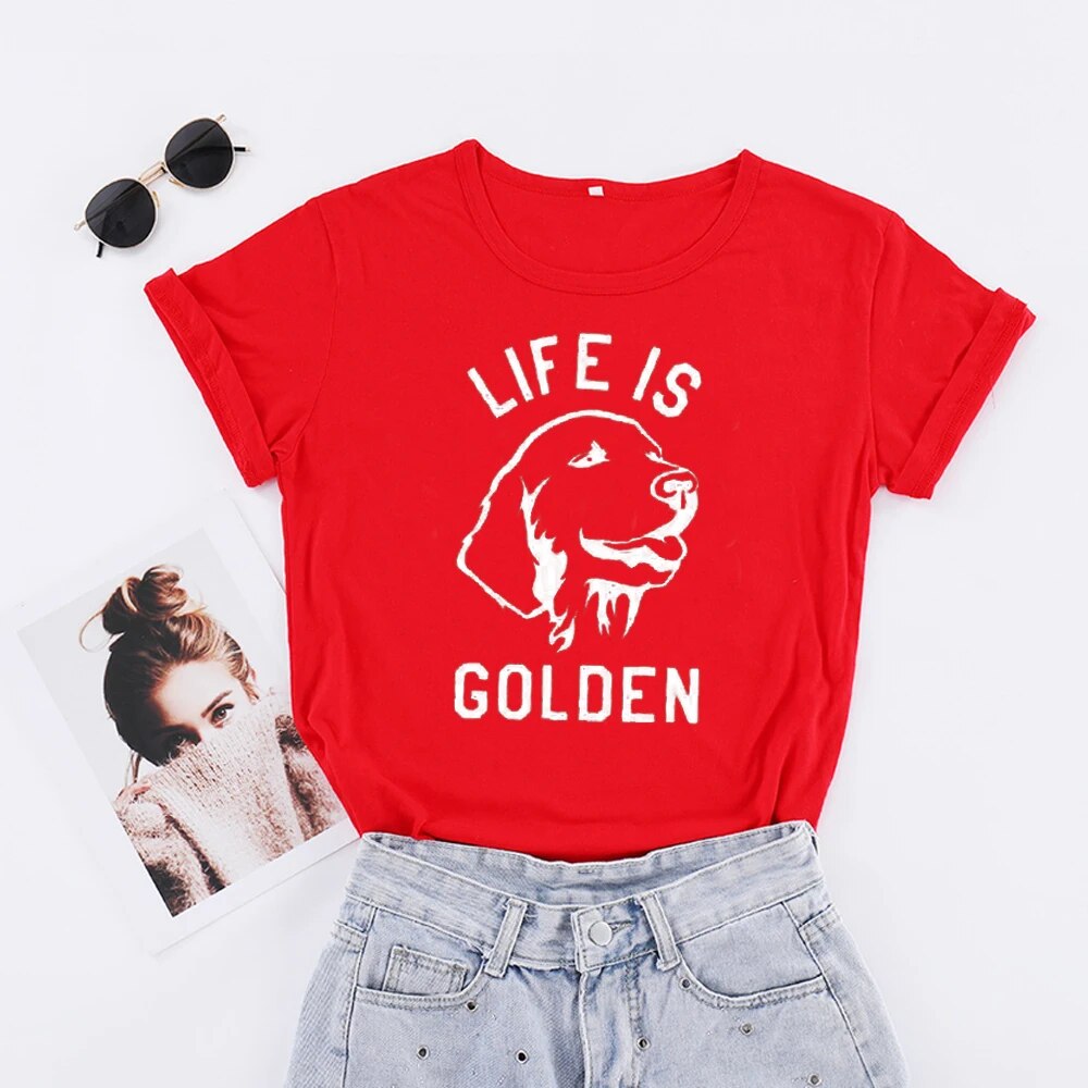 red t-shirt, black outline of a golden Labrador head, words say life is golden