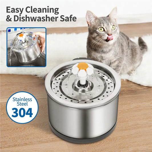 stainless steel fountain type water dish for pets , cat standing beside dish licking its lips, easy cleaning and dishwasher safe