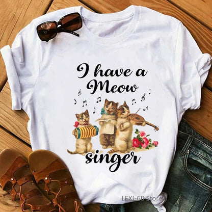 white t-shirts with cats playing musical instruments, with the words I have a meow singer