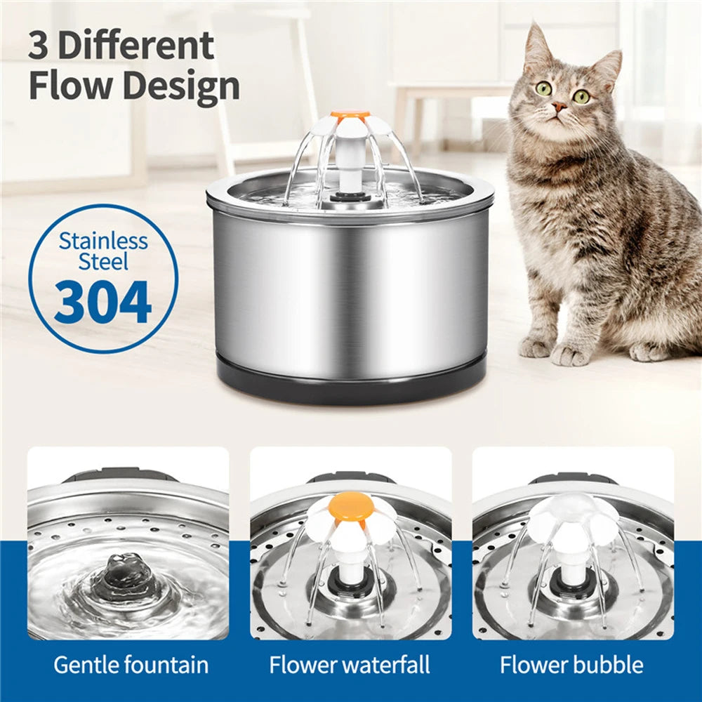 pet water fountain has 3 different flow designs, gentle flow with out the plastic flower, flower waterfall with the flower, flower bubble without the flower top