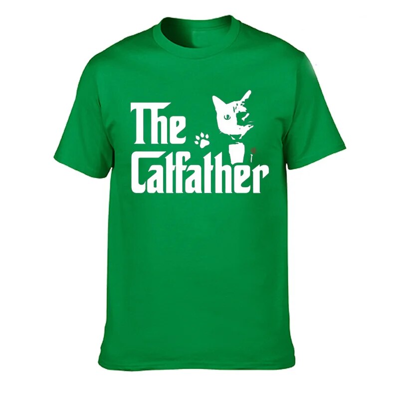 green t-shirt with the words, (silhouette of a cat) the catfather