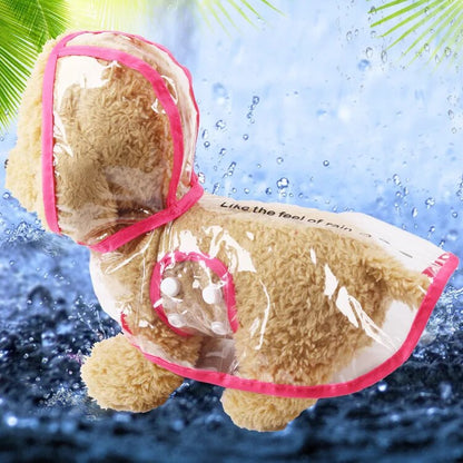 clear with pink trim plastic raincoat for dogs, you will need to put a harness on your dog since the raincoat does not have a hook for a leash.