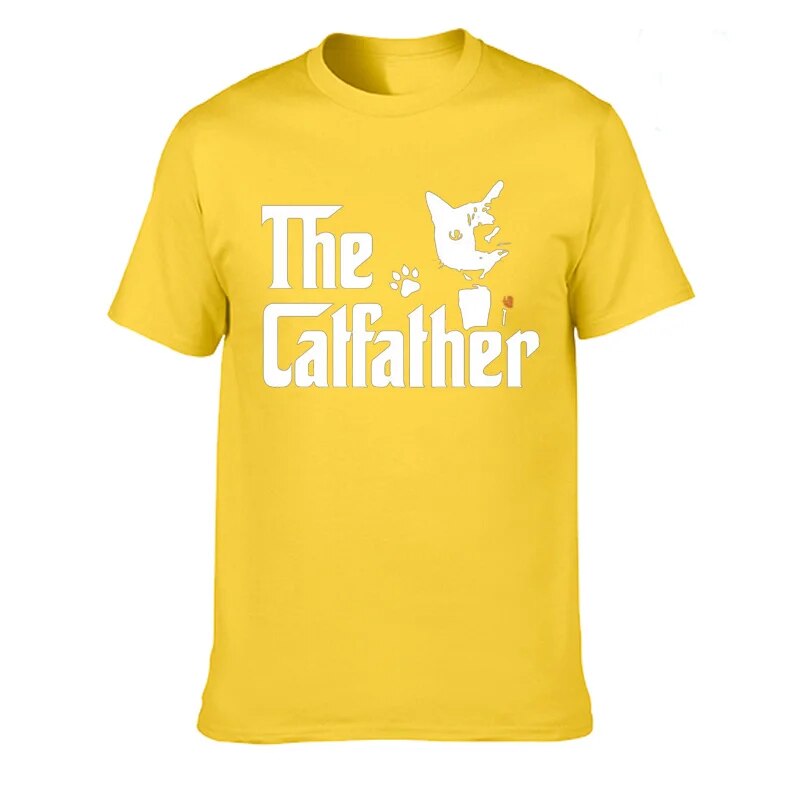 yellow t-shirt with the words, (silhouette of a cat) the catfather