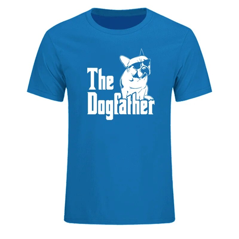 blue t-shirt with the words, (silhouette of a dog) the dogfather