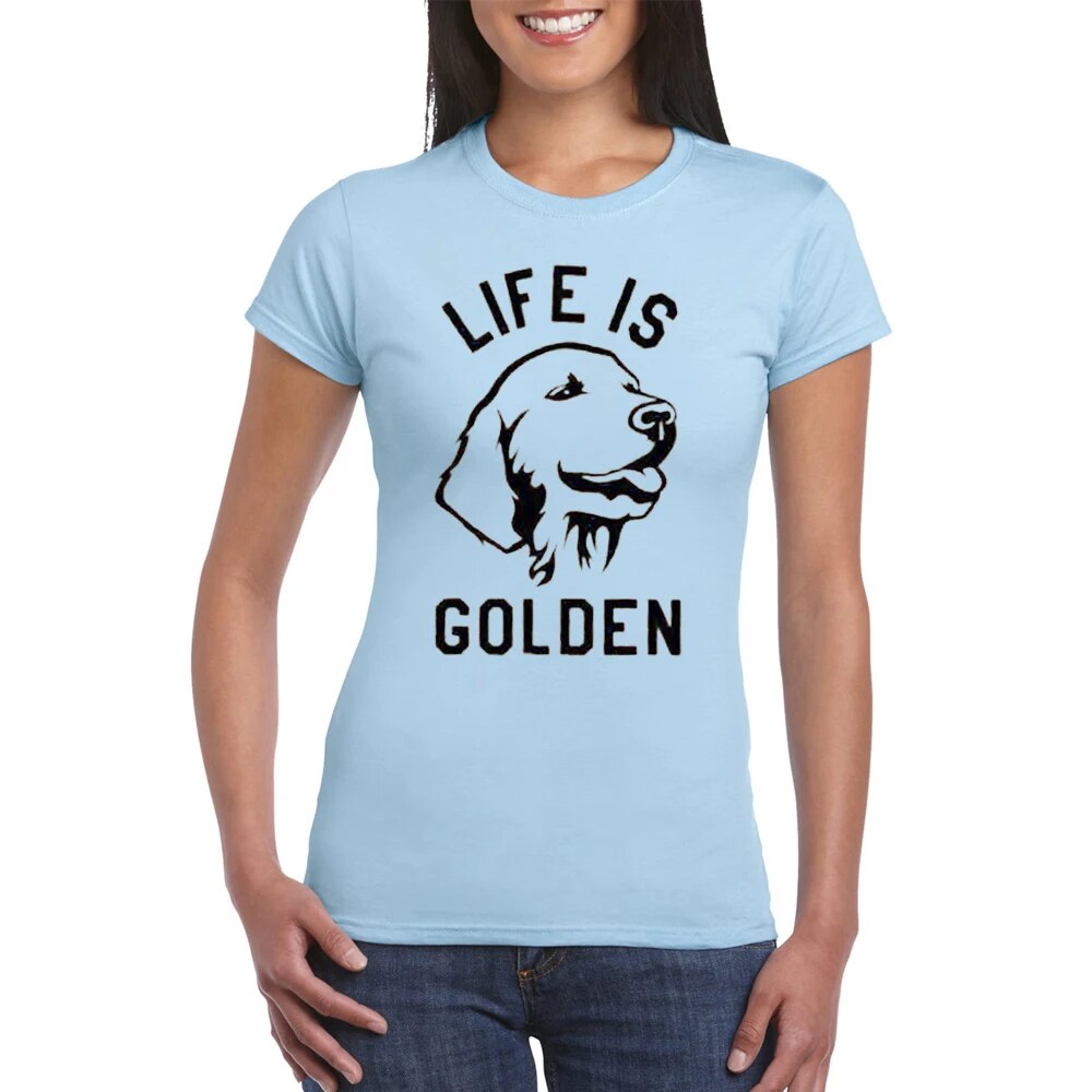 blue t-shirt, black outline of a golden Labrador head, words say life is golden
