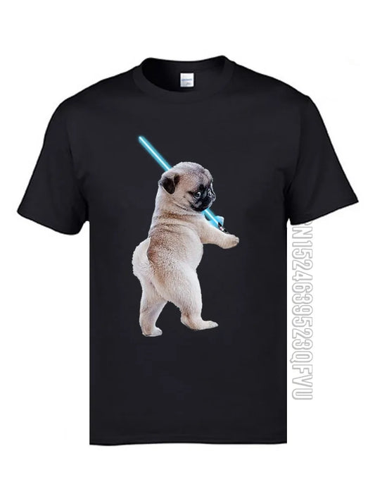 black t-shirt with a white pug holding a light saber