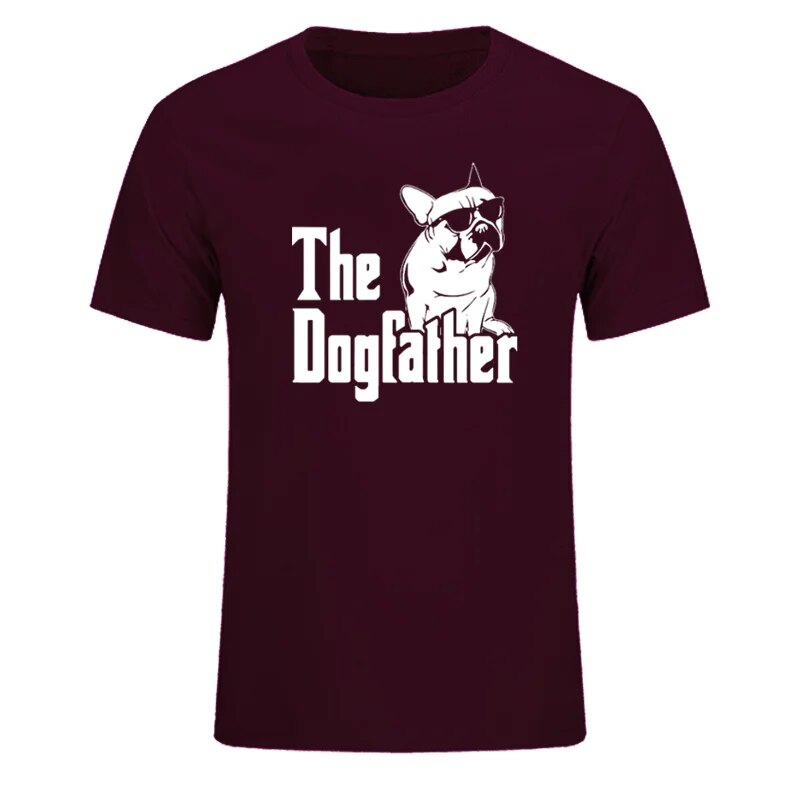 wine red t-shirt with the words, (silhouette of a dog) the dogfather