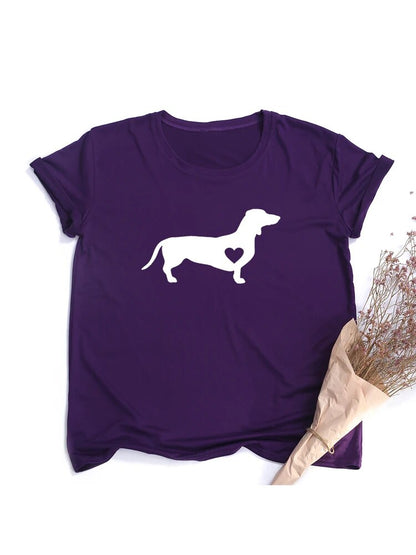 purple t-shirt with a white silhouette of a dachshund with a heart shape on the dog