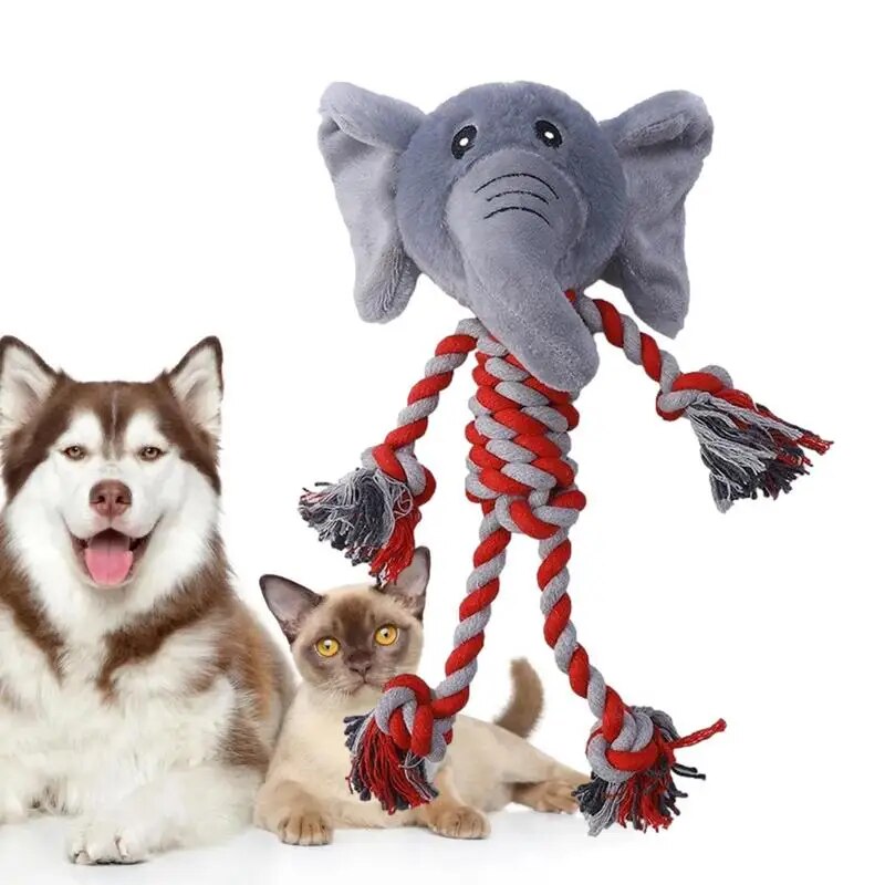 pet rope chew toy with squeaky head picture of the elephant