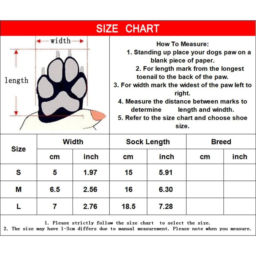 pet socks size chart, how to measure, be sure to follow the instructions and if unsure go up one size
