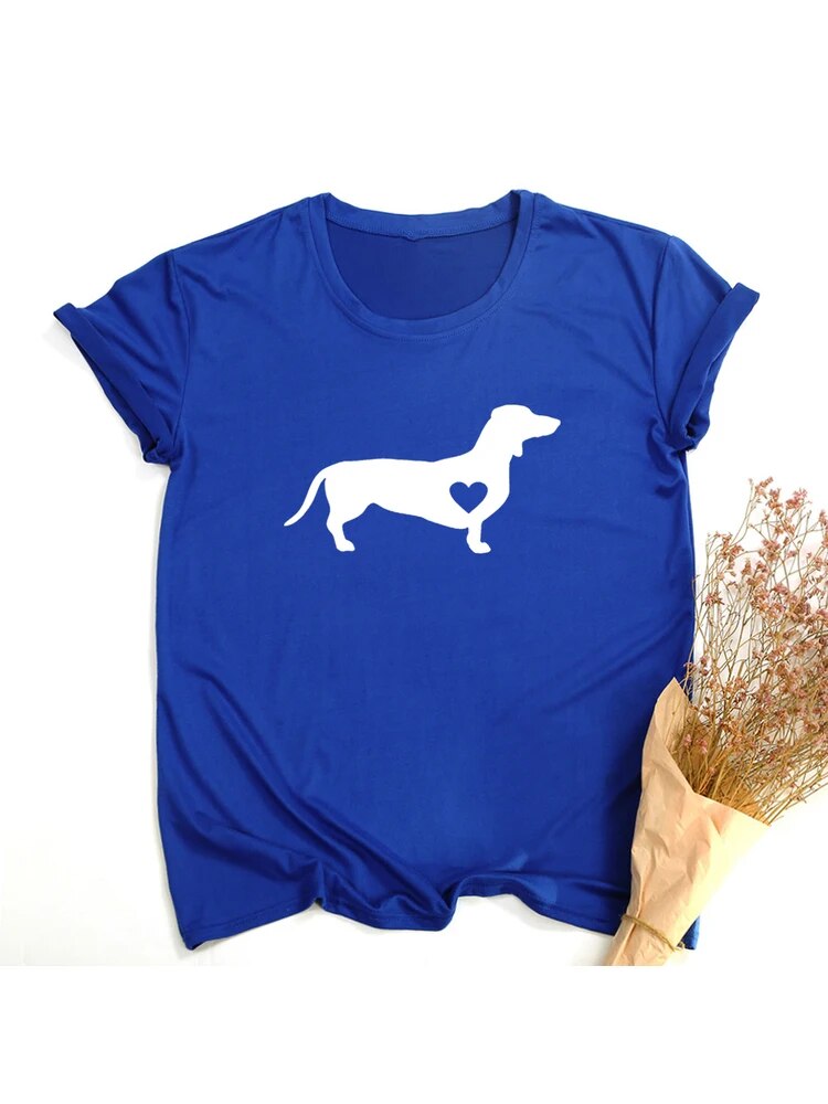 blue t-shirt with a white silhouette of a dachshund with a heart shape on the dog