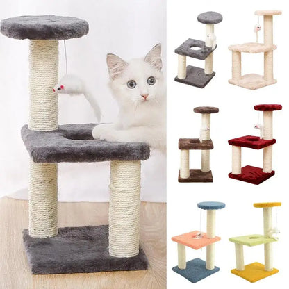 3 tier cat stand with a cat standing at it, there are 6 different colors, grey, light pink, red, brown, blue and pink, yellow and light green.
