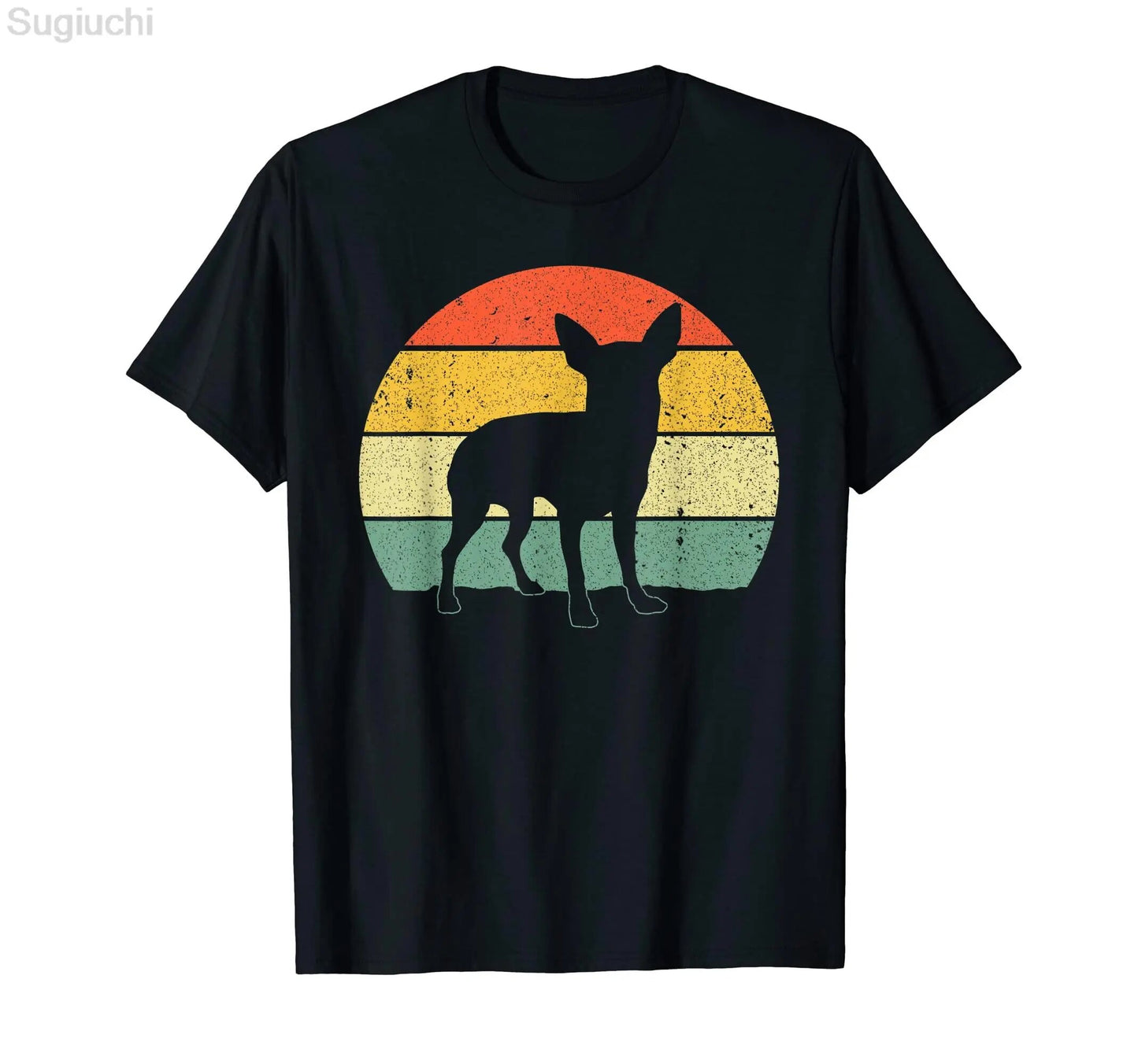 black t-shirt with a picture of a silhouette  chihuahua 