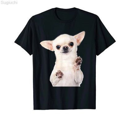 black t-shirt with a picture of a white chihuahua 