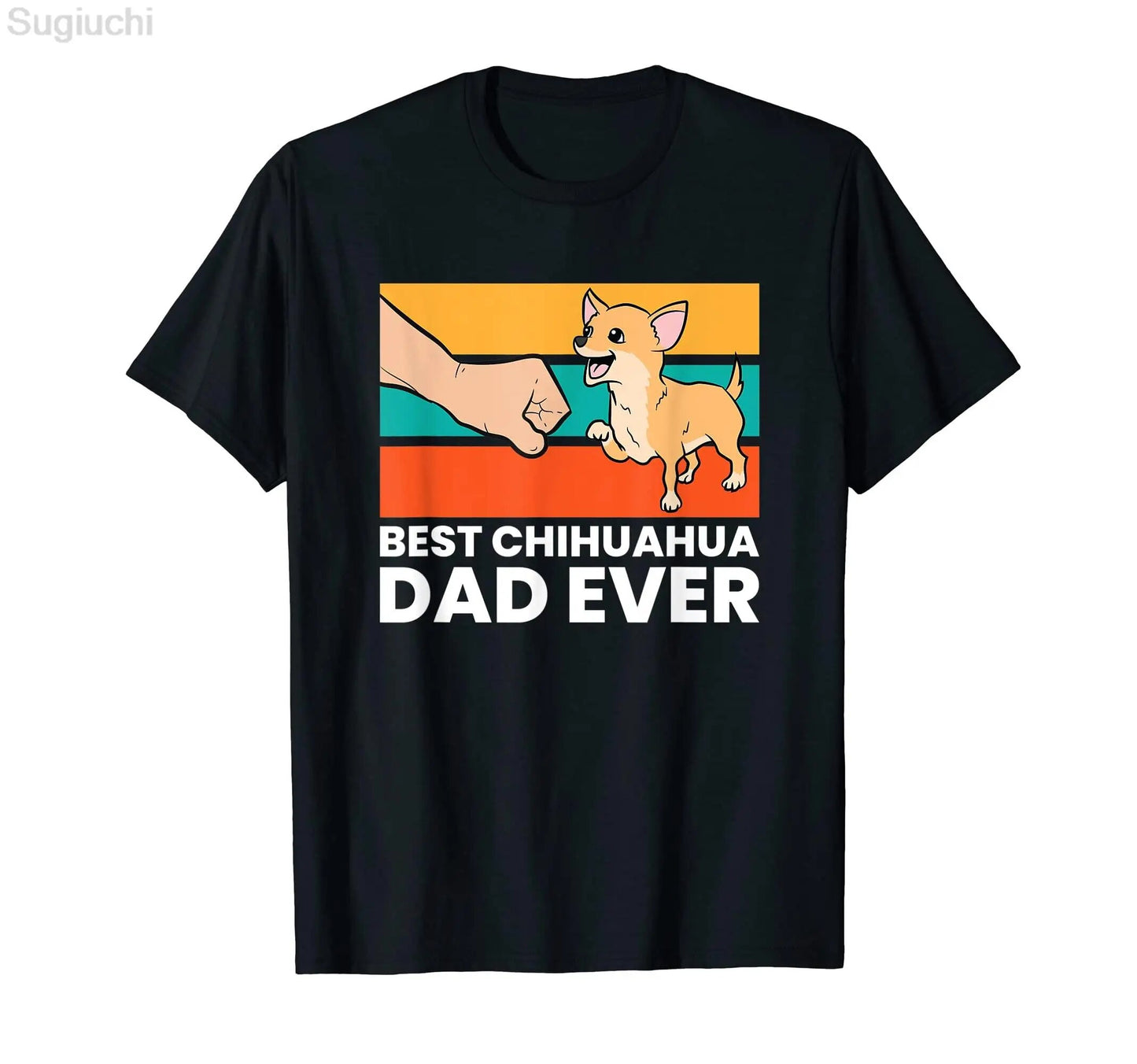 black t-shirt with a picture of a chihuahua doing a fist pump with a hand