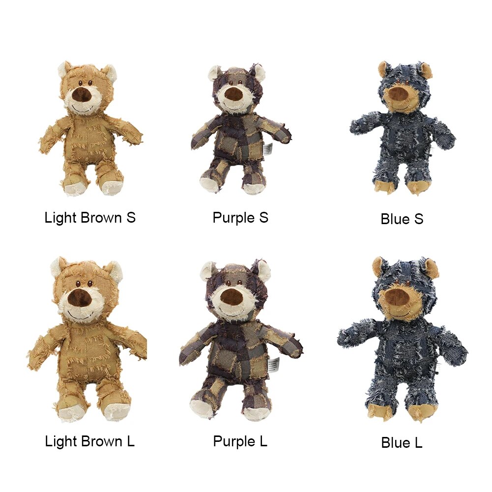the different colors and size of the bear squeaky chew toy, light brown small and large, purple small and large, blue small and large