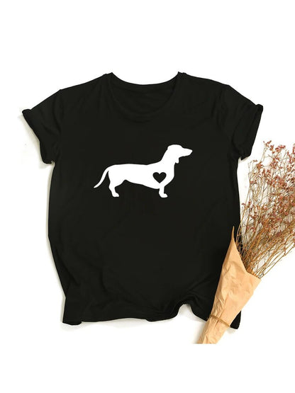 black t-shirt with a white silhouette of a dachshund with a heart shape on the dog