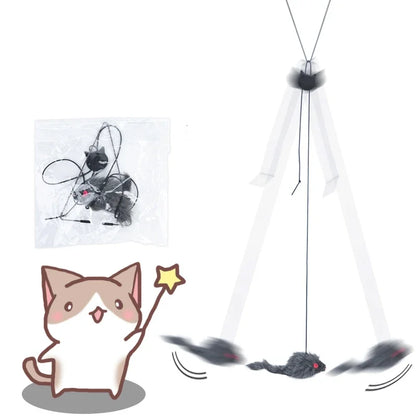 close up of the interactive hanging cat toy, mouse hanging 