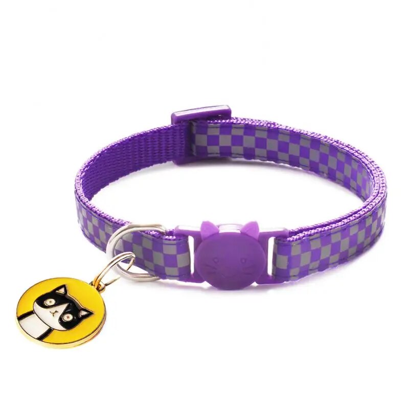 reflective cat collar, dark purple with yellow tag with a black cat