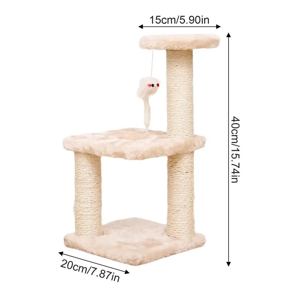 3 tier cat stand, has a hanging mouse that hangs from bottom of top tier, a hole for the cat to crawl through on the middle (2nd) tier, bottom tier is flat. the stand is lite pink plush material, rope wraps around the posts. bottom measures 20cm / 7.87in, the height is 40cm / 15.74in, the top tier measure 15cm / 5.90in