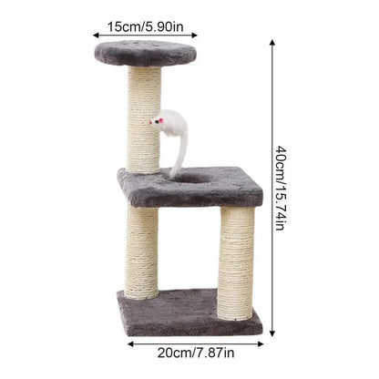 3 tier cat stand, has a hanging mouse that hangs from bottom of top tier, a hole for the cat to crawl through on the middle (2nd) tier, bottom tier is flat. the stand is grey plush material, on the tiers, rope wraps around the posts. bottom measures 20cm / 7.87in, the height is 40cm / 15.74in, the top tier measure 15cm / 5.90in 