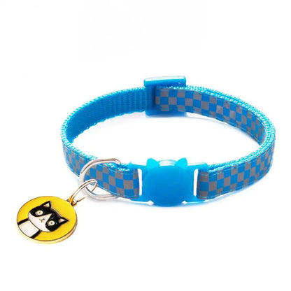 reflective cat collar, sky blue with yellow tag with a black cat