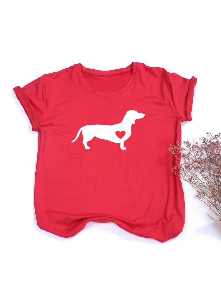 red t-shirt with a white silhouette of a dachshund with a heart shape on the dog