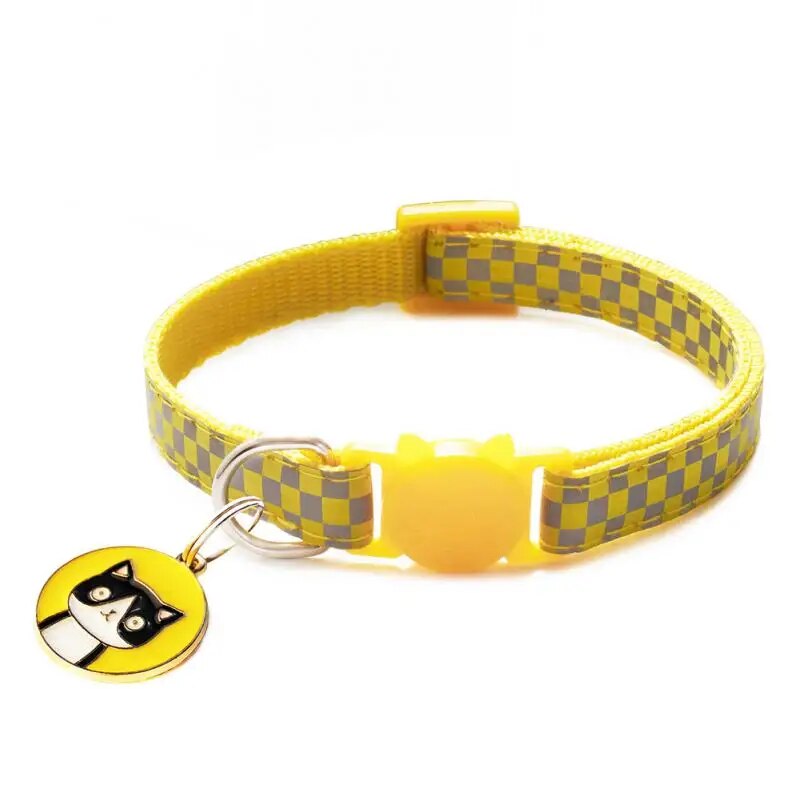 reflective cat collar, yellow with yellow tag with a black cat