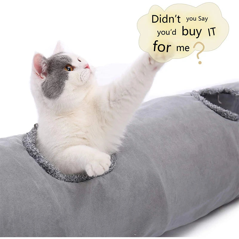 grey collapsible cat tunnel with a cat sticking out of the top opening
