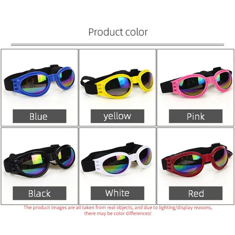 folding dog sunglasses, product color, blue, yellow, pink, black, white, red all with head strap