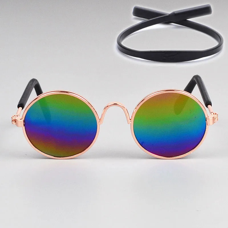 gold frame and rainbow lens, sun glasses for cats with head strap