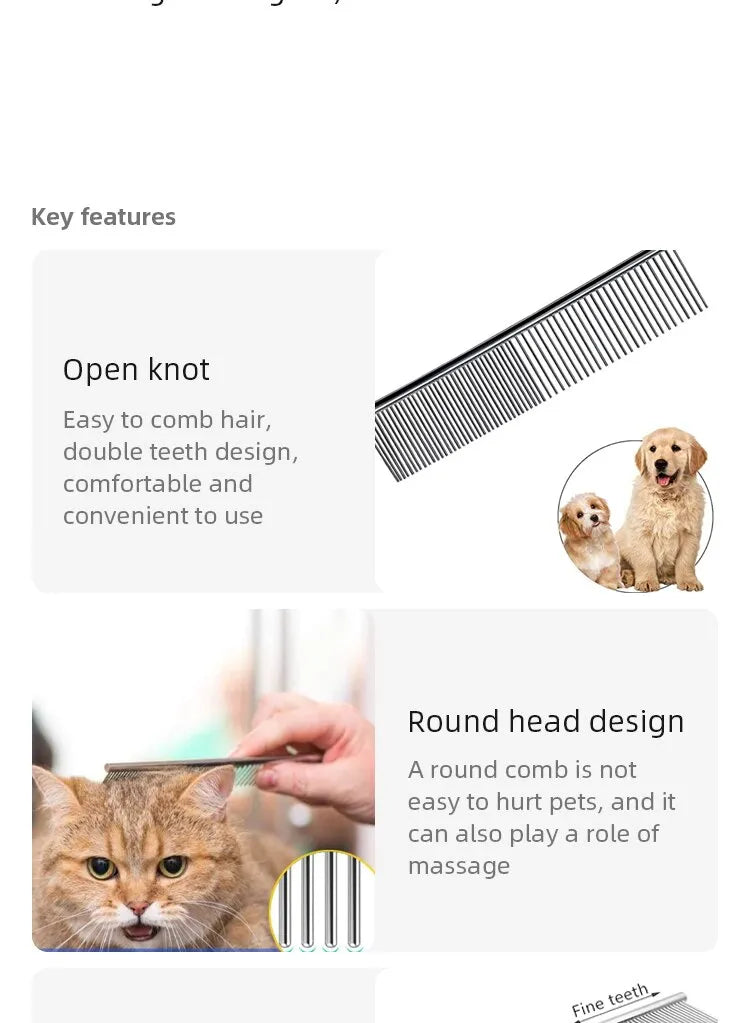 pet grooming comb, open knot easy to comb, double teeth, comfortable to use, round head design makes it comfortable for the pet, use on cats and dogs