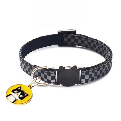 reflective cat collar, black with yellow tag with a black cat
