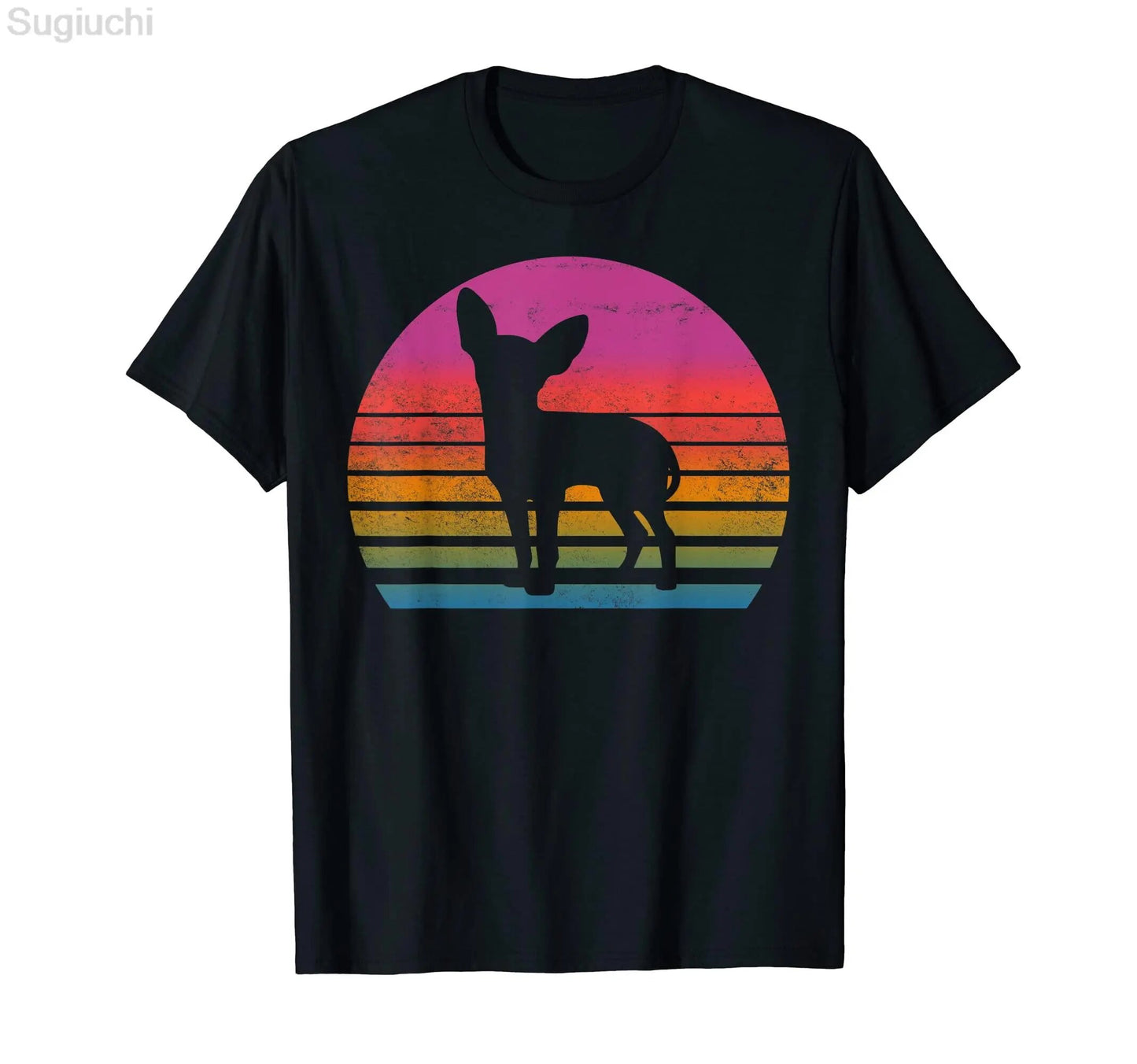 black t-shirt with a picture of a chihuahua with a sunset in the back ground