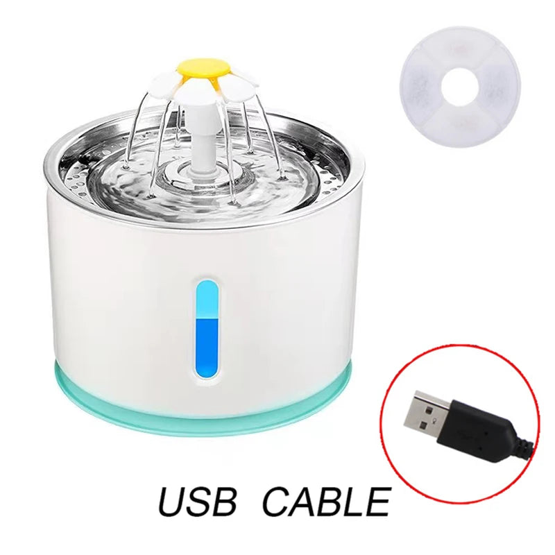 stainless steel, white plastic with blue trim pet water fountain with USB cable