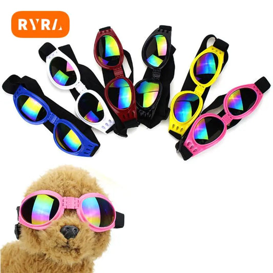 folding dog sunglasses with a strap to wrap around head , pink, blue, white, yellow, black, red