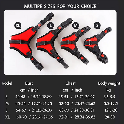 size chart for the heavy duty dog harness,  sizes range from small, medium, large, Xlarge