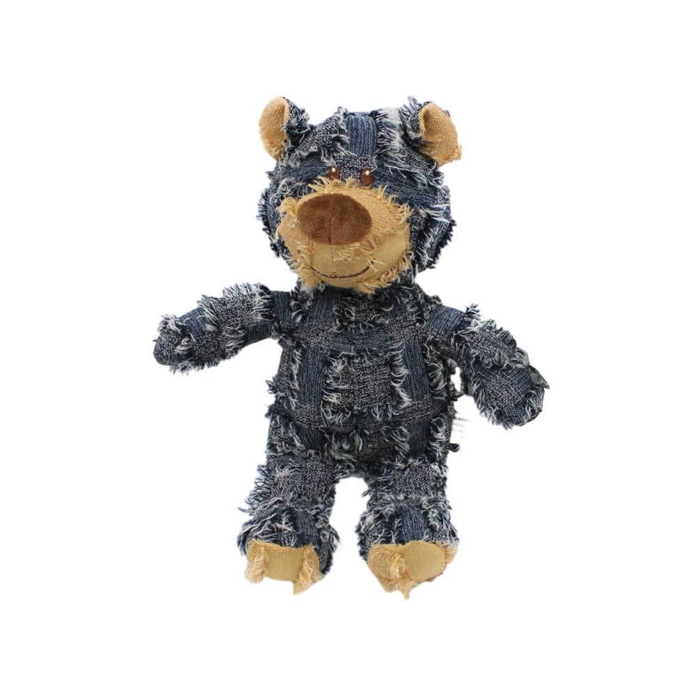 blue bear squeaky chew toy, corduroy material