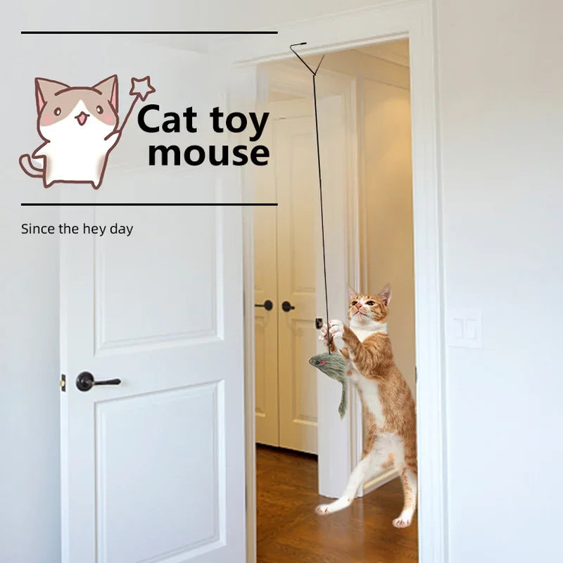 interactive hanging cat toy, attach the clamps on to the top of a door frame let the toy either a mouse or dragon fly hang down, the string is adjustable to the length required