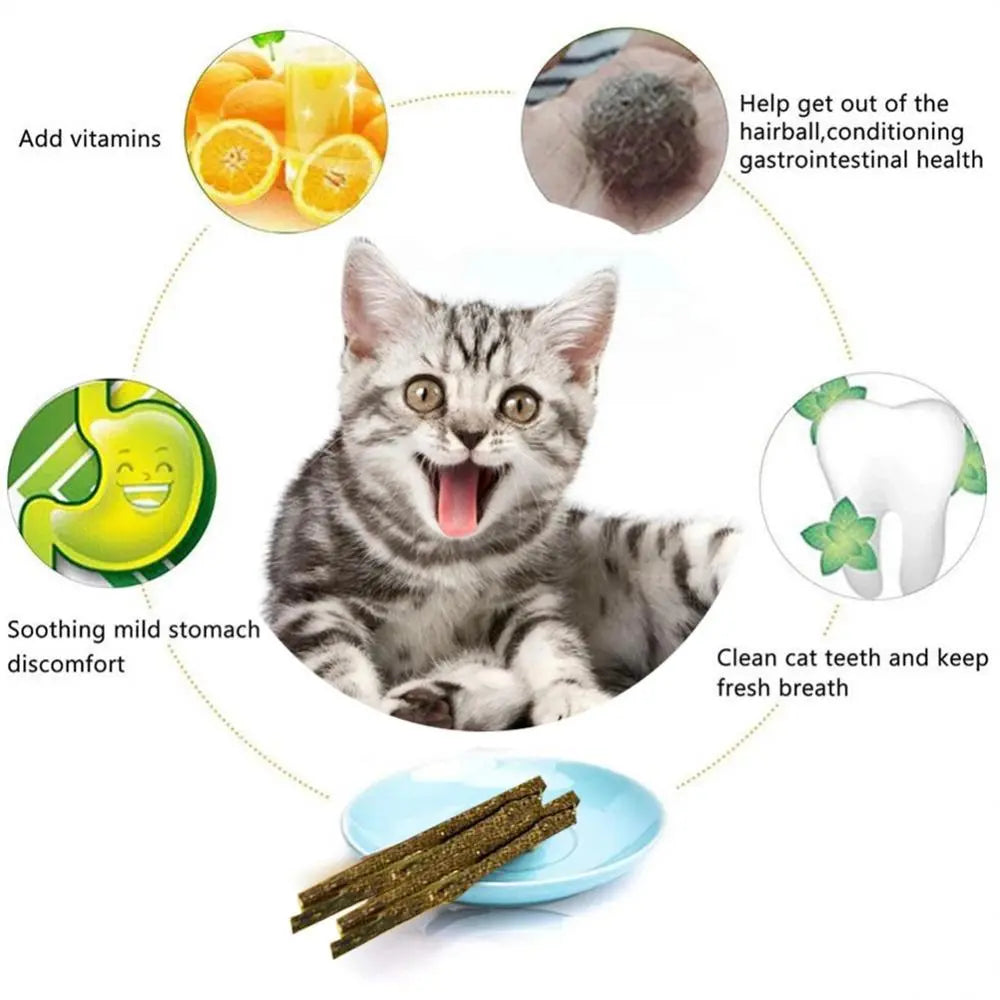 the mint sticks and gall fruit sticks for cats help, sooth mild stomach discomfort, cleans teeth and fresh breath, helps control hairballs and gastrointestinal health, and adds vitamins