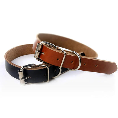 rolled leather dog collar, black, brown, stainless steel buckles