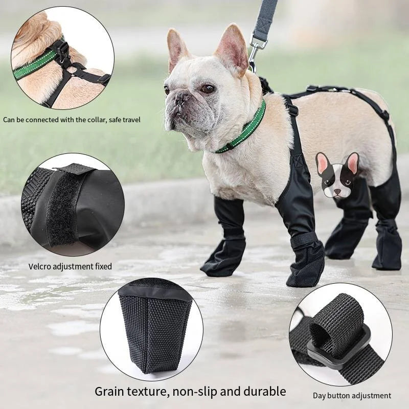 Black suspender boots for dog, adjustable, Velcro adjustment on the leg, non-slip and durable, attaches to the collar.