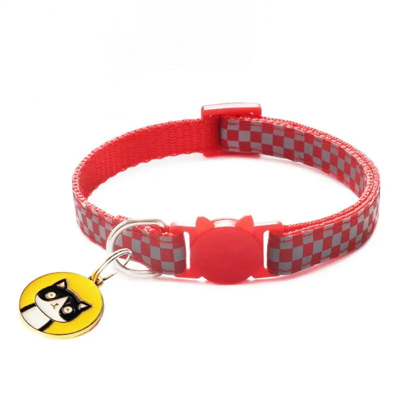reflective cat collar, red with yellow tag with a black cat