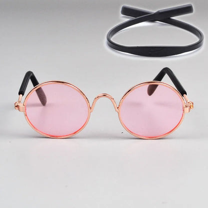 gold frame and pink lens, sun glasses for cats with head strap