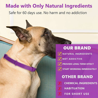 pet calming collar, made with all natural ingredients, not addictive, provides long term effect,